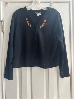 Vintage Black Women's Cardigan Sweater with Autumn Leaf Embroidery Size 12